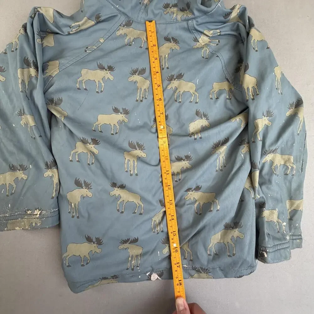 Hatley Rain Coat Kids 6-7 Blue Moose Print Hooded Snap Terry Lined Rainwear